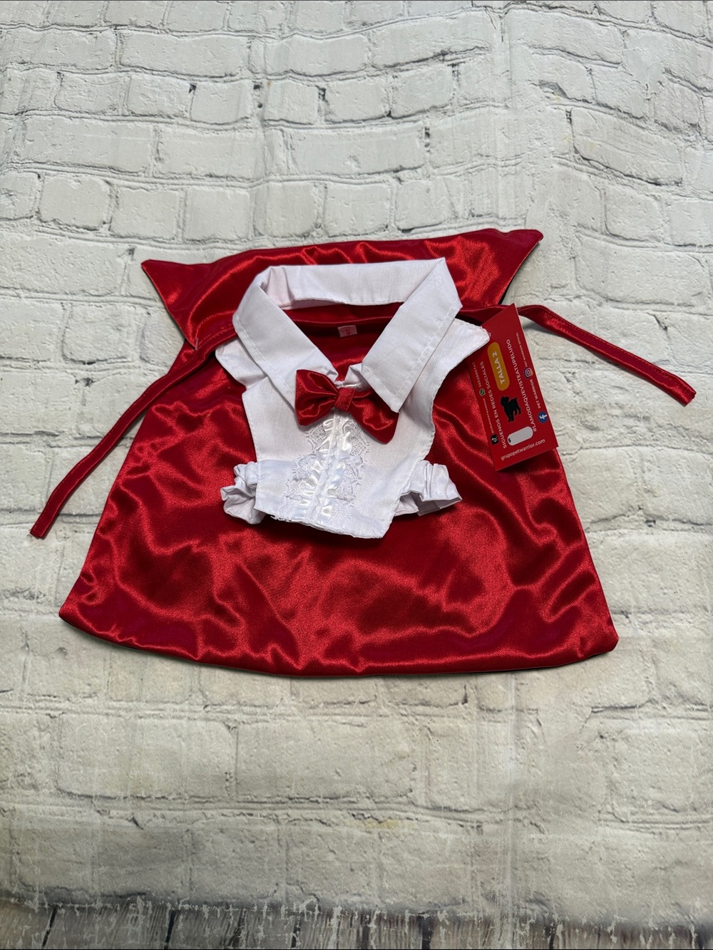 Pet Warrior Dog Satin Red Cape with White Collar & Bow Custome. Halloween costum